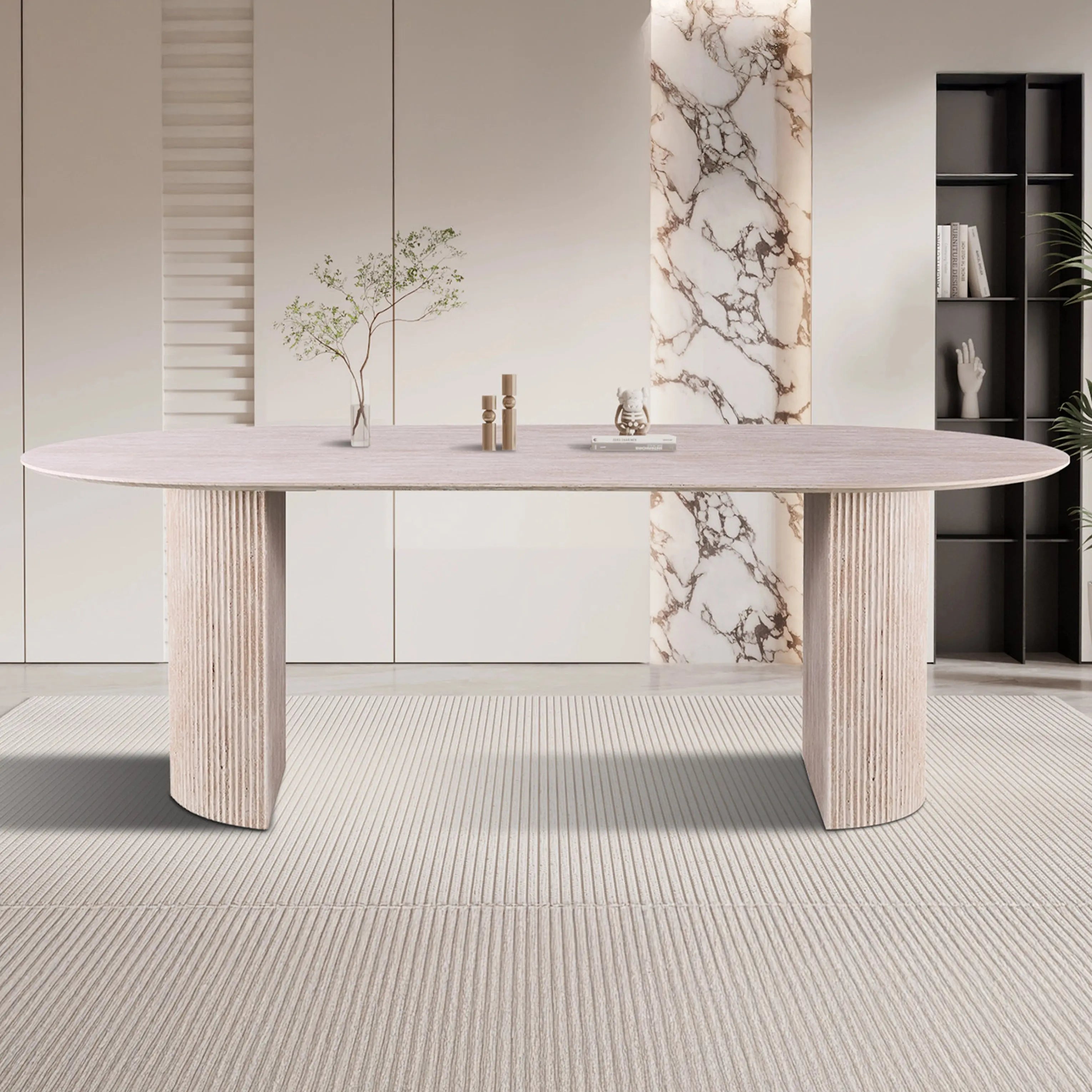 Table à Manger Ovale Effet Travertin Beige EPURE - 200 cm Hawali Home