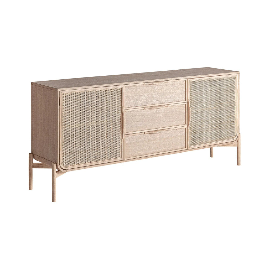 Buffet 2 Portes 3 Tiroirs en Bois de Frêne et Rotin WEURTZ - 180 cm KODU