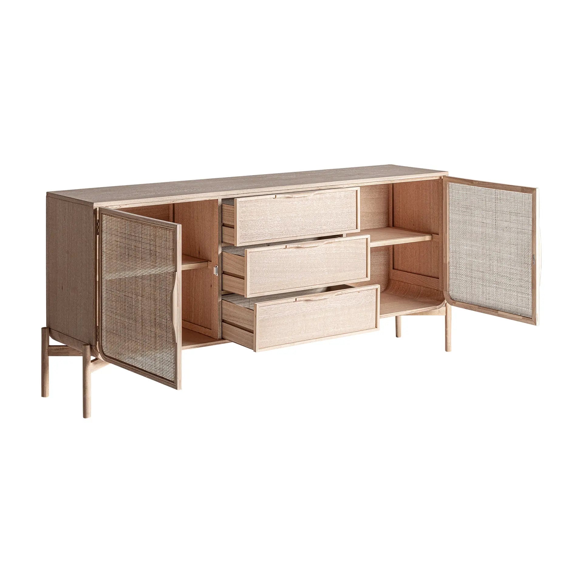 Buffet 2 Portes 3 Tiroirs en Bois de Frêne et Rotin WEURTZ - 180 cm KODU