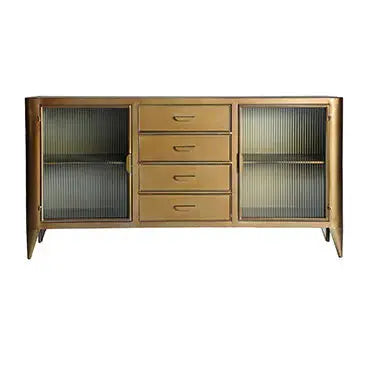 Buffet 2 Portes 4 Tiroirs en Métal Doré et Verre SPESSA - 160 cm KODU
