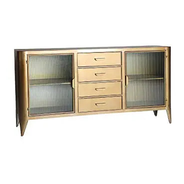 Buffet 2 Portes 4 Tiroirs en Métal Doré et Verre SPESSA - 160 cm KODU