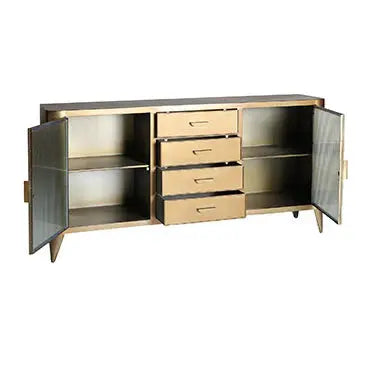 Buffet 2 Portes 4 Tiroirs en Métal Doré et Verre SPESSA - 160 cm KODU