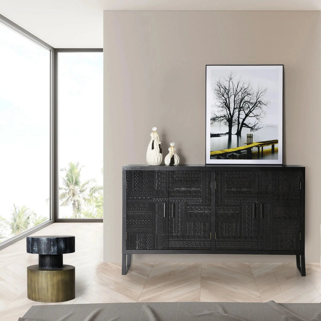 Buffet 4 Portes en Bois de Frêne Noir ANTRIM - 156 cm KODU