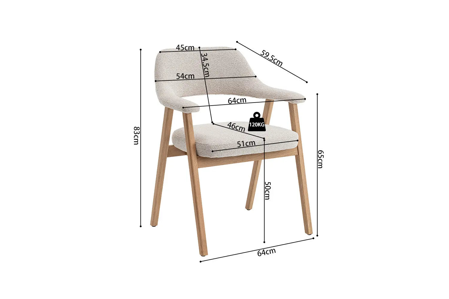 Chaise en Bois Massif avec Accoudoirs Tissu Beige MIA - 64 x 59.5 cm Rousseau
