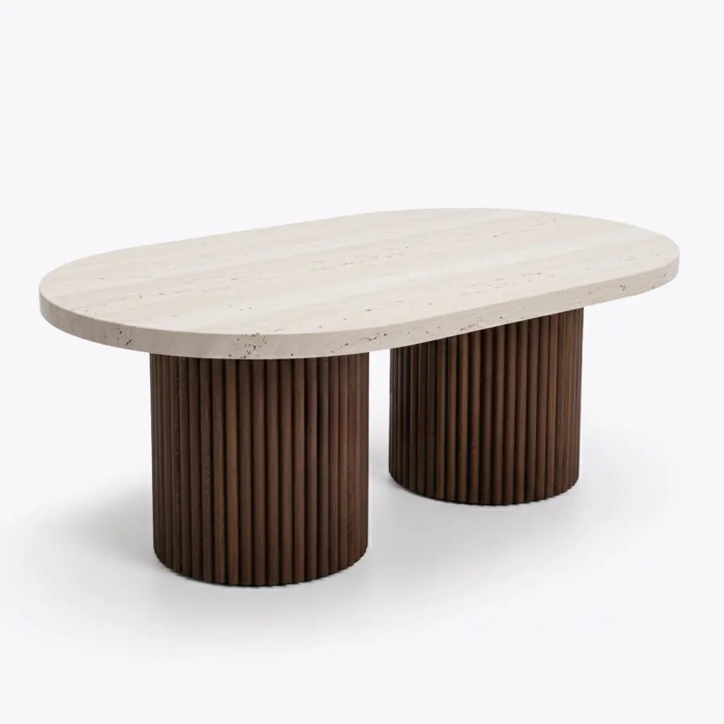 Table Basse Ovale en Bois et Travertin ELENA - De 60 à 100 cm Hawali Home