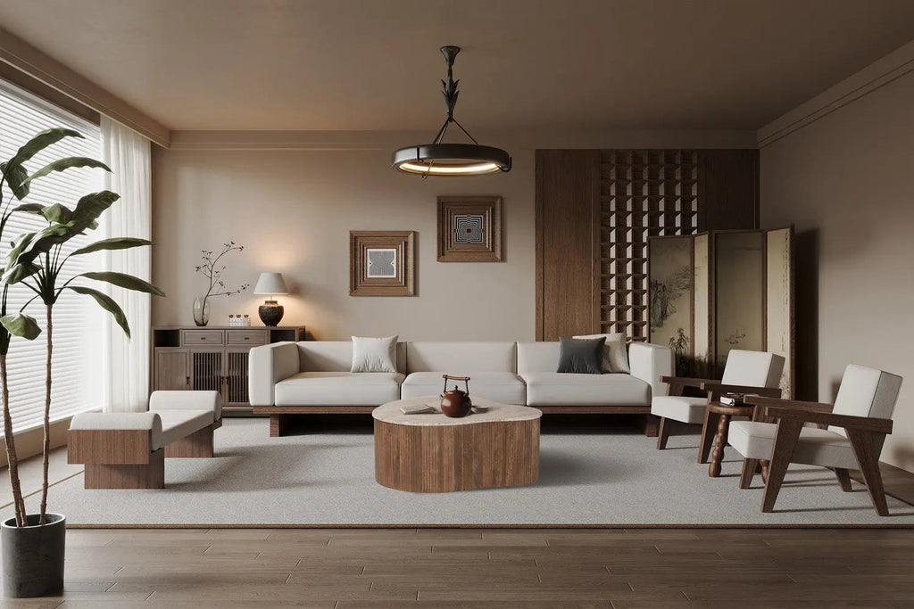 Table Basse Asymétrique en Travertin et Bois de Manguier LYRA - 83 cm Rousseau