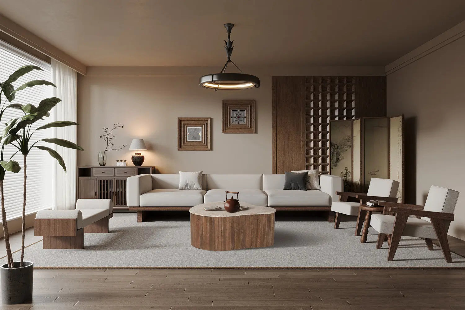 Table Basse Asymétrique en Travertin et Bois de Manguier LYRA - 83 cm Rousseau