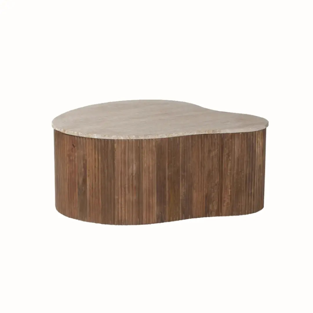 Table Basse Asymétrique en Travertin et Bois de Manguier LYRA - 83 cm Rousseau
