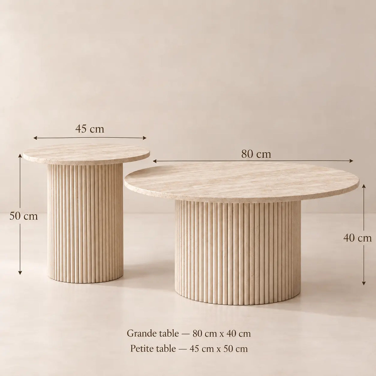 Duo MARY : table basse ronde et table d'appoint gigogne en travertin pour salon moderne
