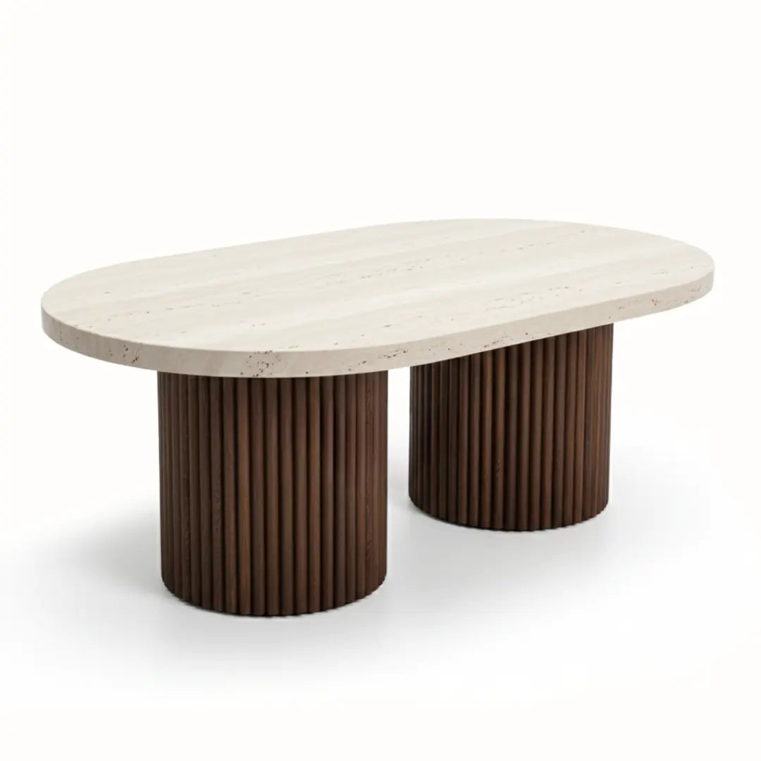 Table Basse Ovale en Bois et Travertin ELENA - De 60 à 100 cm Hawali Home