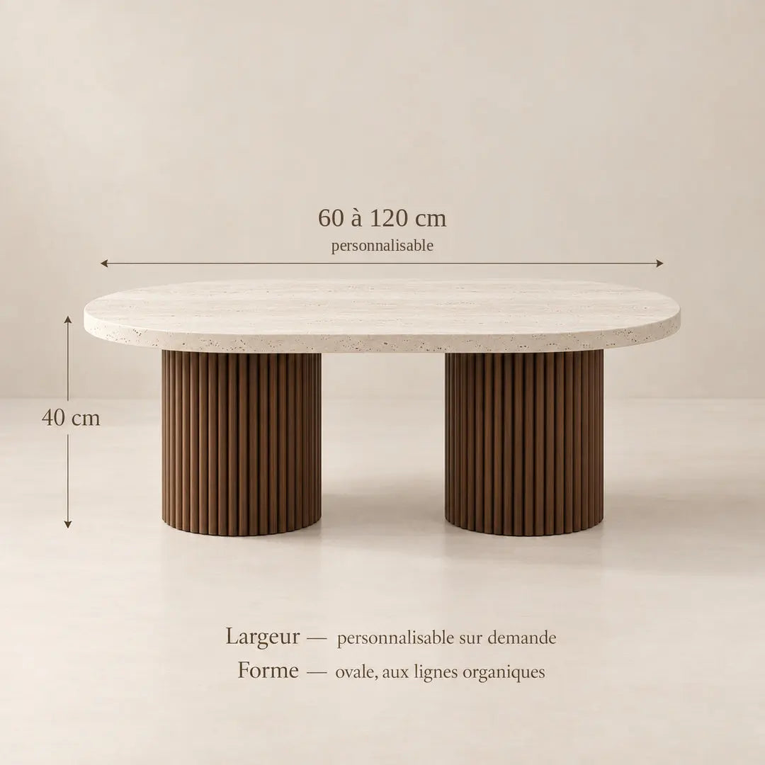 Table basse noyer et travertin ELENA, fabrication artisanale au Maroc