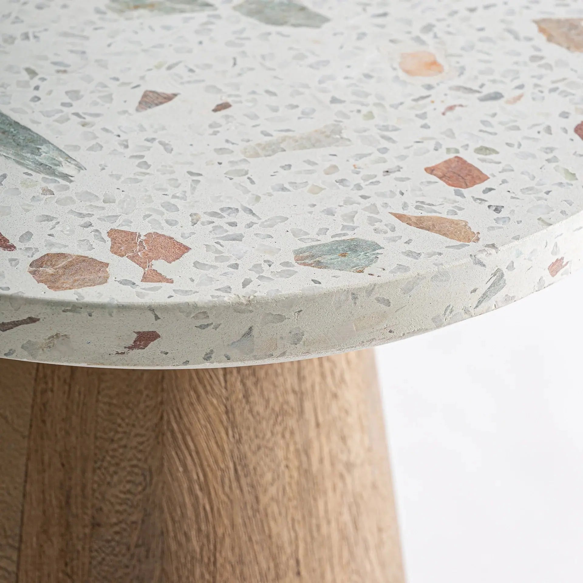 Table Basse Ronde en Terrazo Blanc et Bois de Manguier Brun LAUTREC - 80 cm KODU