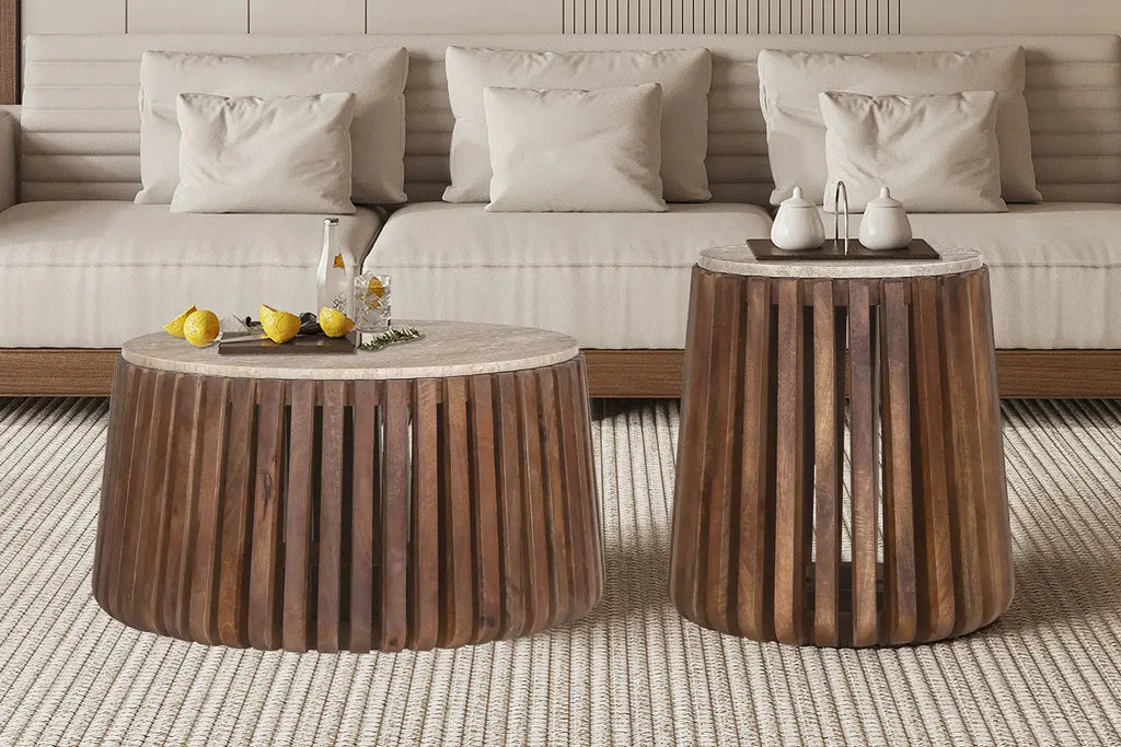 Table Basse Ronde en Travertin et Bois de Manguier MAYA - 70 cm Rousseau
