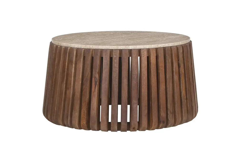 Table Basse Ronde en Travertin et Bois de Manguier MAYA - 70 cm Rousseau
