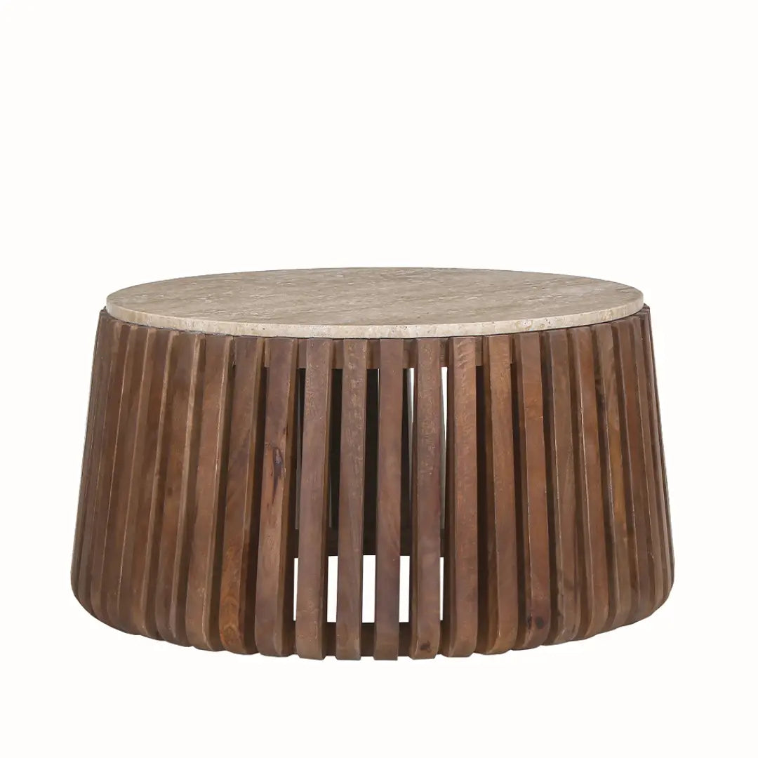 Table Basse Ronde en Travertin et Bois de Manguier MAYA - 70 cm Rousseau