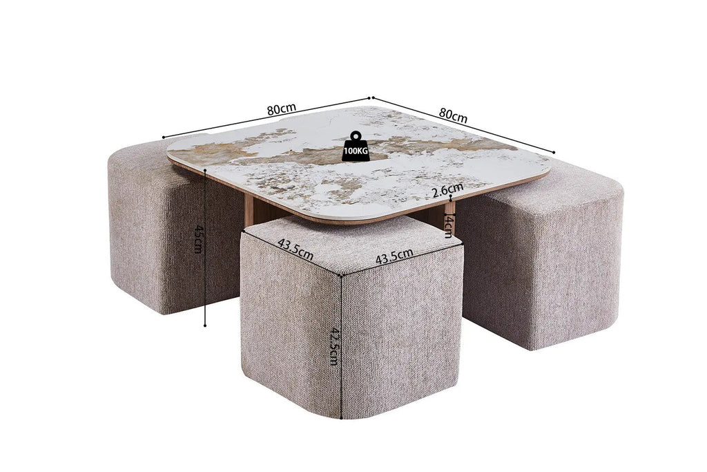 Table Basse en Pierre Brillante avec 4 Poufs CLEA - 80 x 80 cm Rousseau