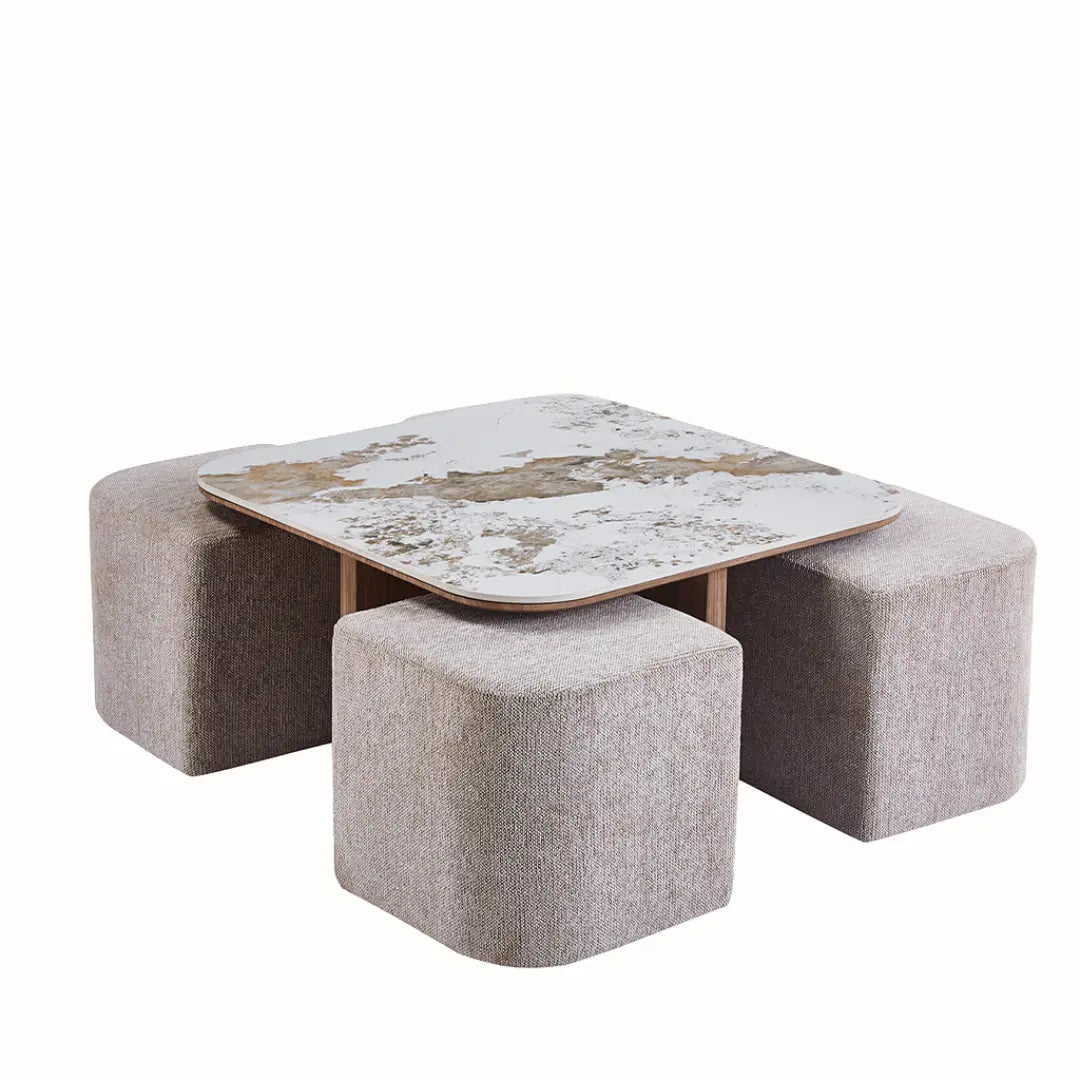 Table Basse en Pierre Brillante avec 4 Poufs CLEA - 80 x 80 cm Rousseau