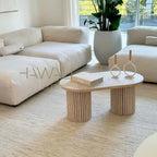 Table basse en travertin beige MARY façonnée à la main au Maroc