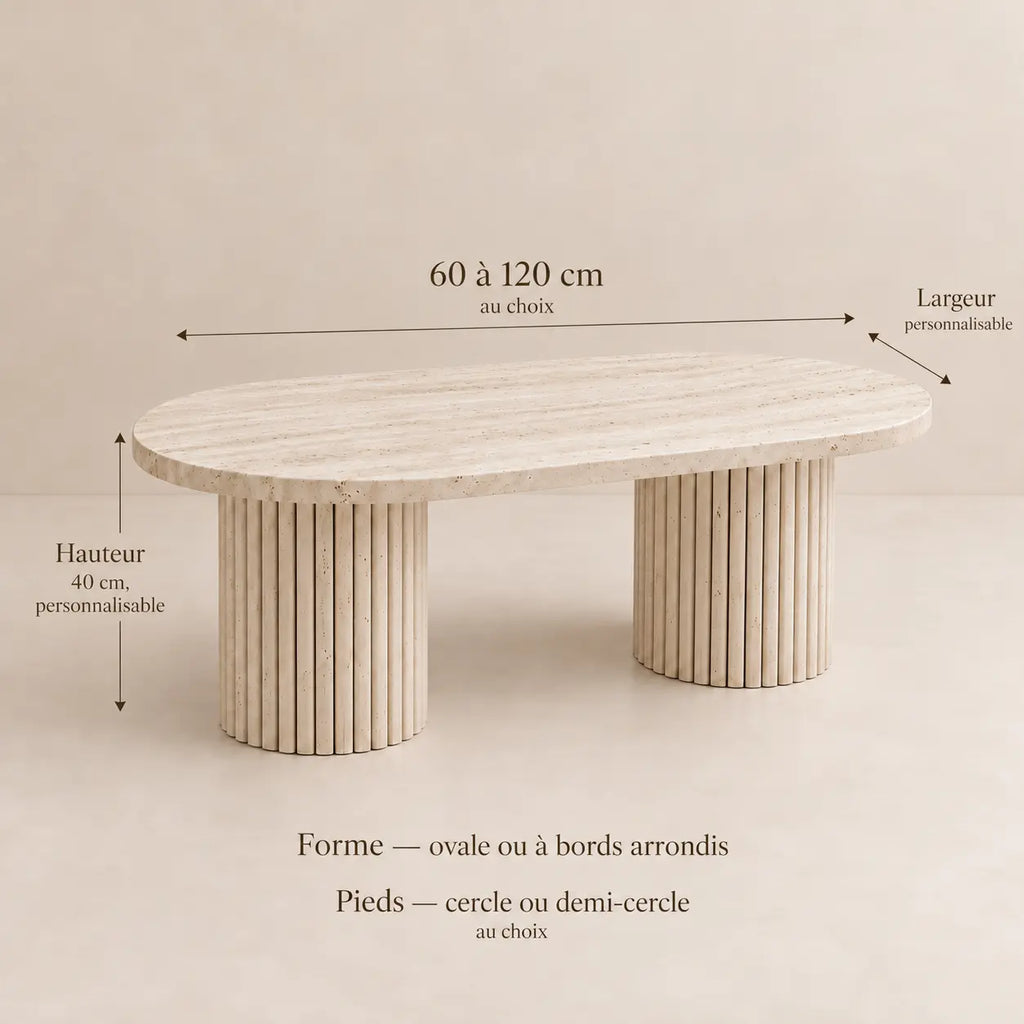 Table basse travertin MARY de 90 à 120 cm, forme ovale