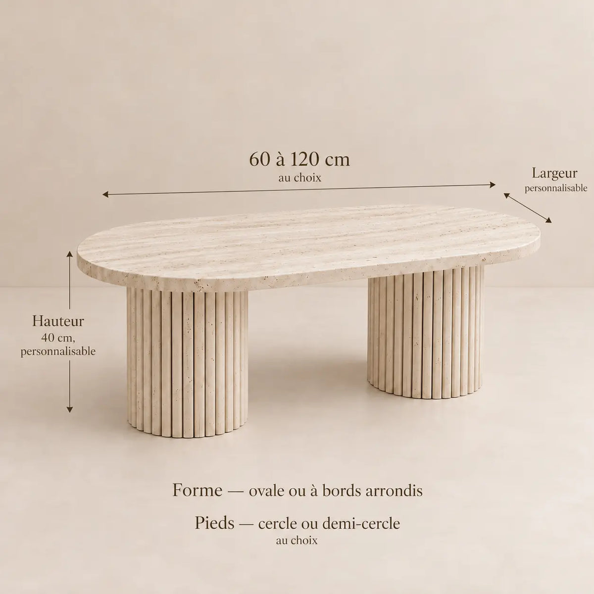 Table basse travertin MARY de 90 à 120 cm, forme ovale