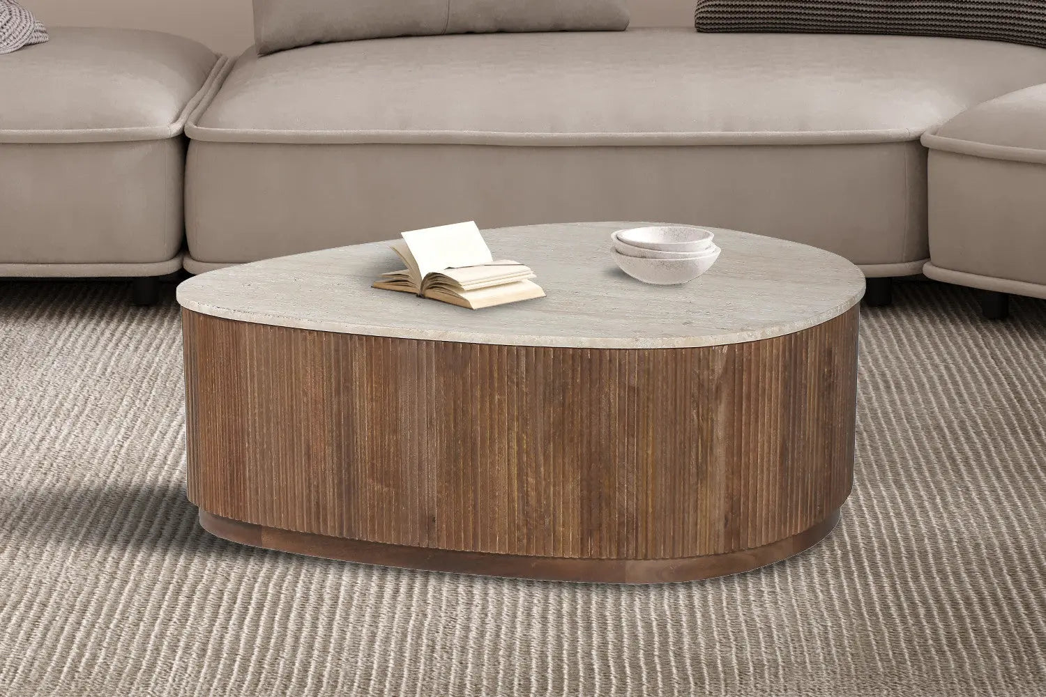 Table Basse en Travertin et Bois Manguier LYRA - 100 cm Rousseau