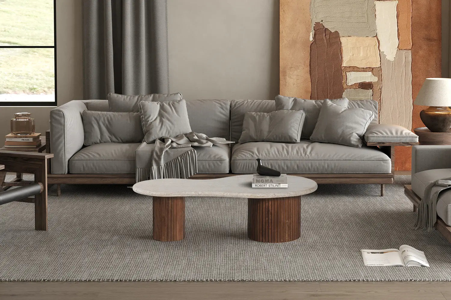 Table Basse en Travertin et Bois de Manguier KALYA - 120 cm Rousseau