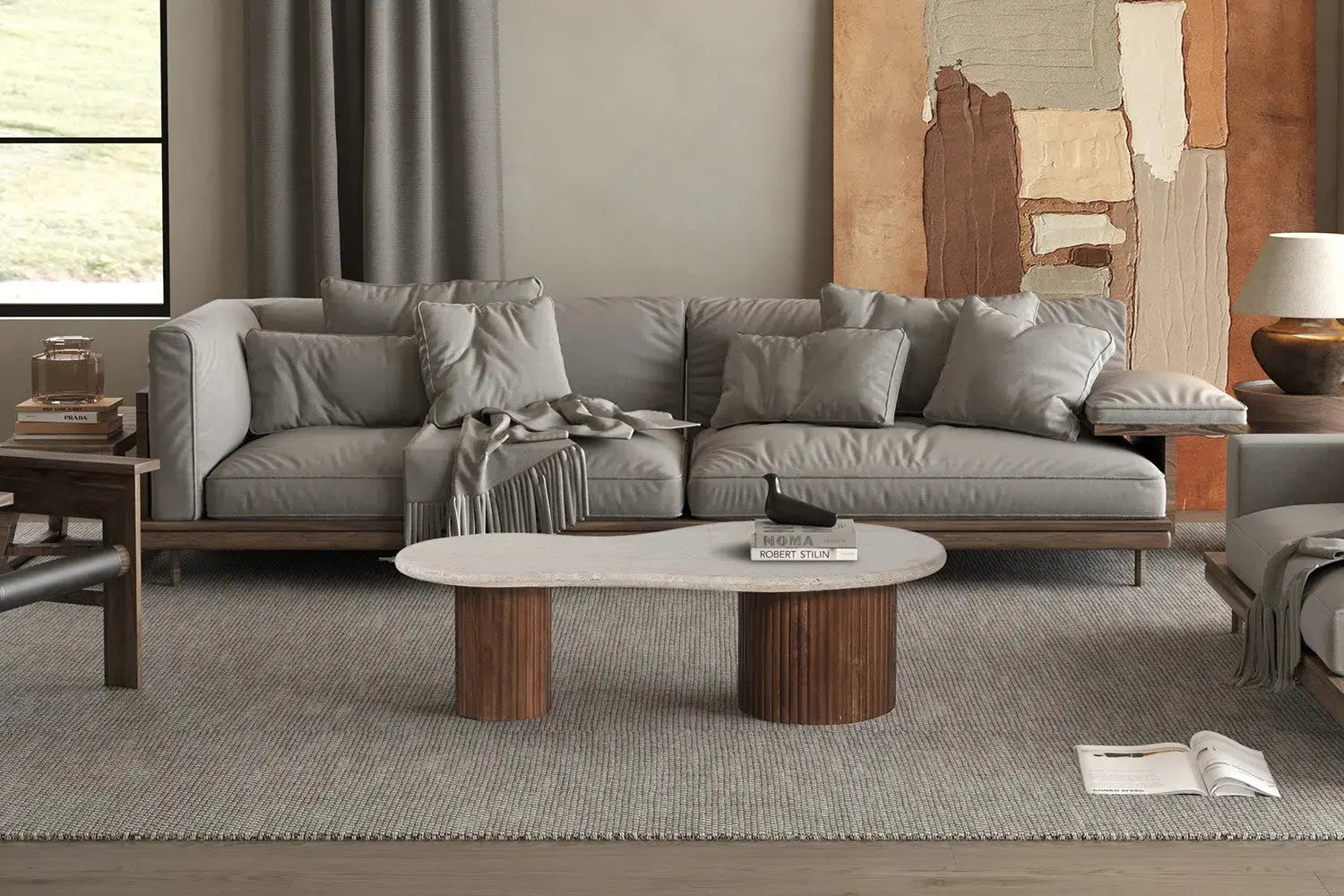 Table Basse en Travertin et Bois de Manguier KALYA - 120 cm Rousseau