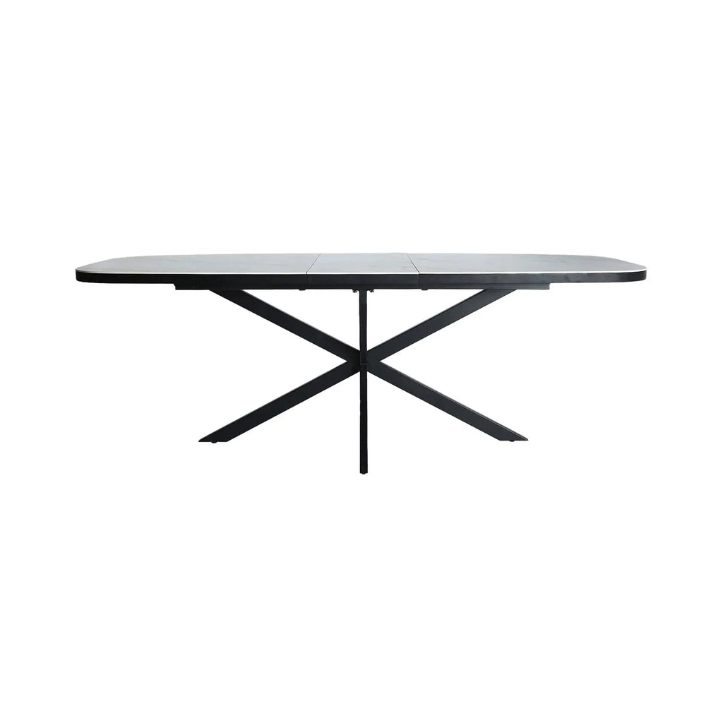 Table Extensible de Salle à Manger en Bois MDF Blanc avec Céramique Blanc et Pieds en Fer Noir DROUX - 180 x 90 cm KODU