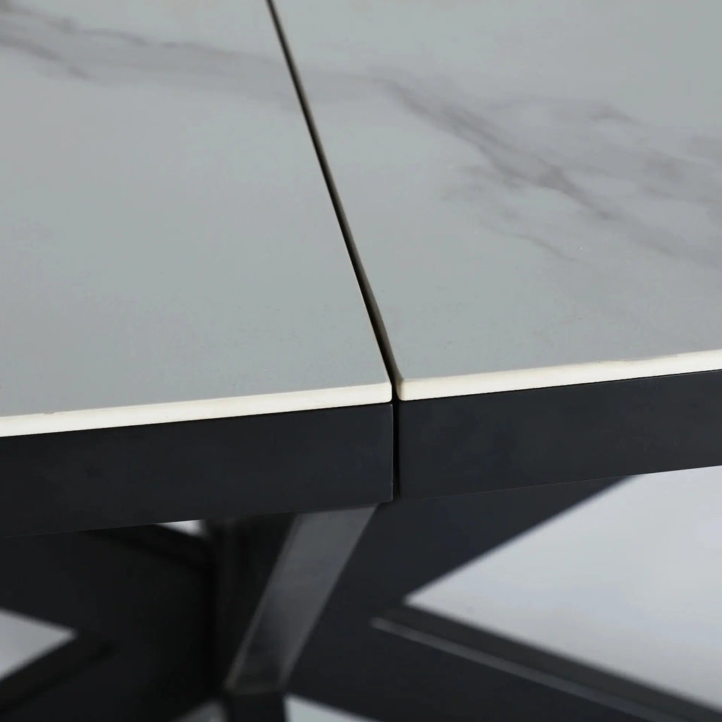 Table Extensible de Salle à Manger en Bois MDF Blanc avec Céramique Blanc et Pieds en Fer Noir DROUX - 180 x 90 cm KODU