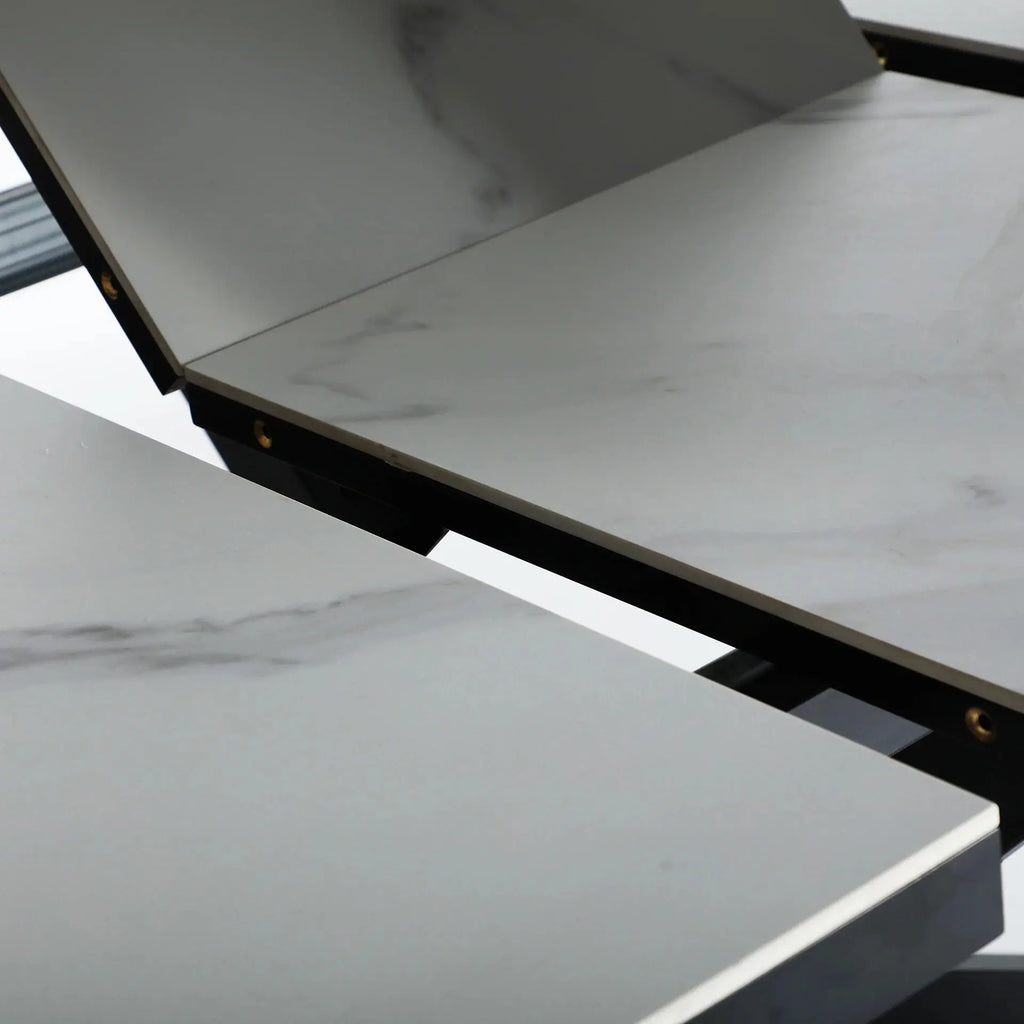 Table Extensible de Salle à Manger en Bois MDF Blanc avec Céramique Blanc et Pieds en Fer Noir DROUX - 180 x 90 cm KODU