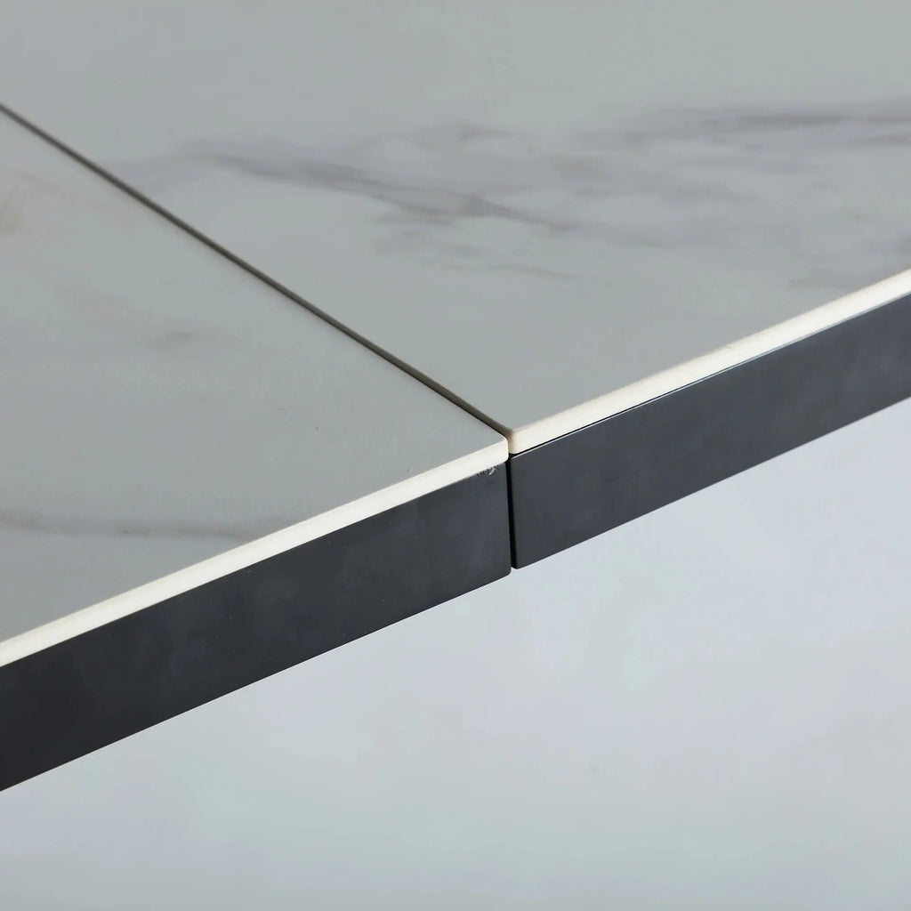 Table Extensible de Salle à Manger en Bois MDF Blanc avec Céramique Blanc et Pieds en Fer Noir DROUX - 180 x 90 cm KODU