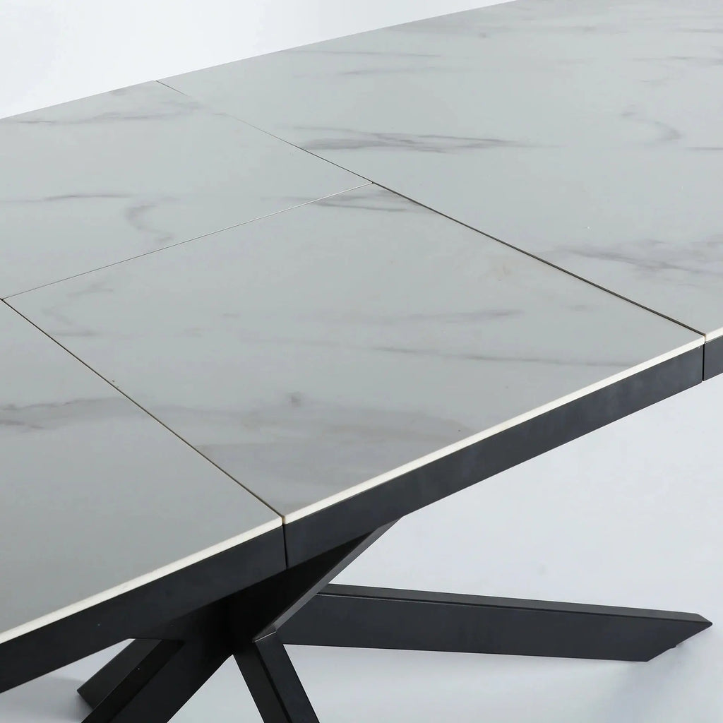 Table Extensible de Salle à Manger en Bois MDF Blanc avec Céramique Blanc et Pieds en Fer Noir DROUX - 180 x 90 cm KODU