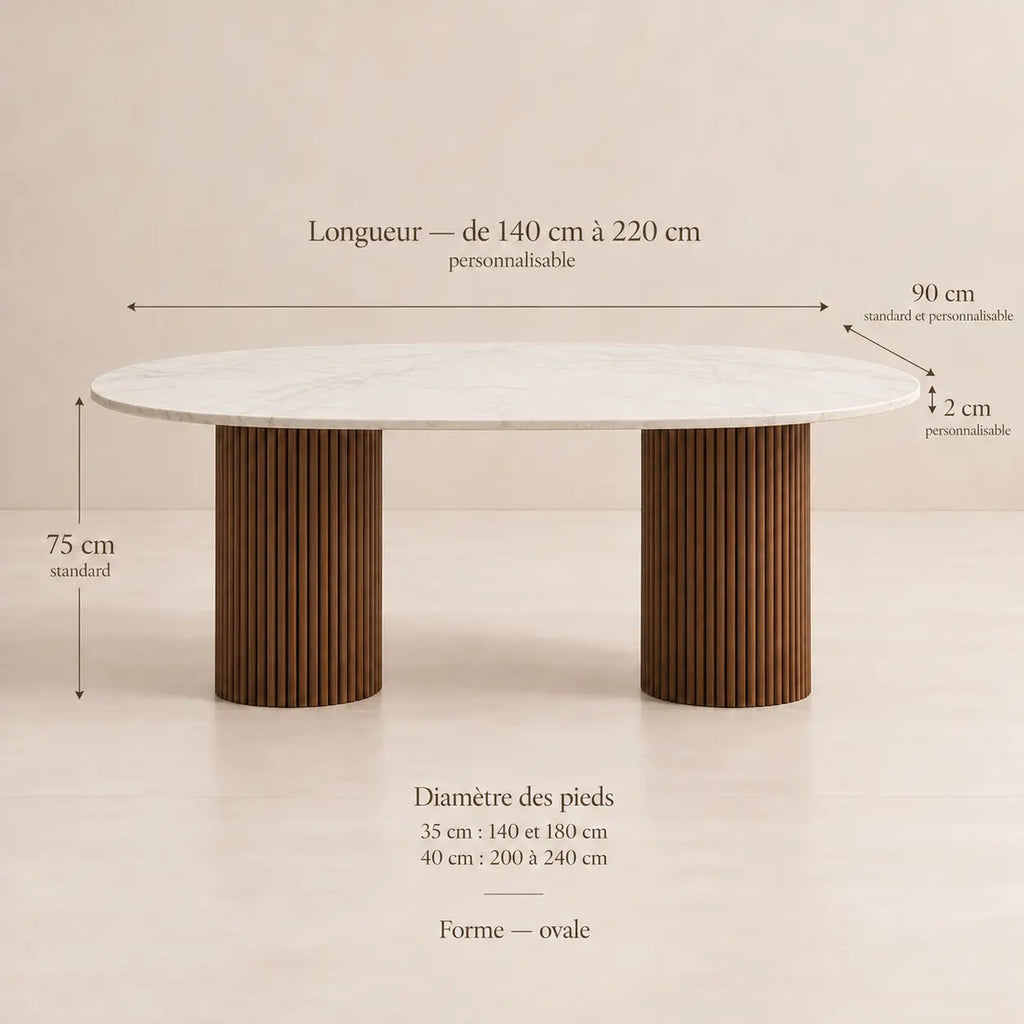 Table ovale ELENA en pierre naturelle, plateau travertin ou marbre beige