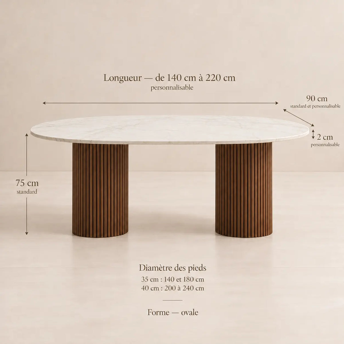 Table ovale ELENA en pierre naturelle, plateau travertin ou marbre beige