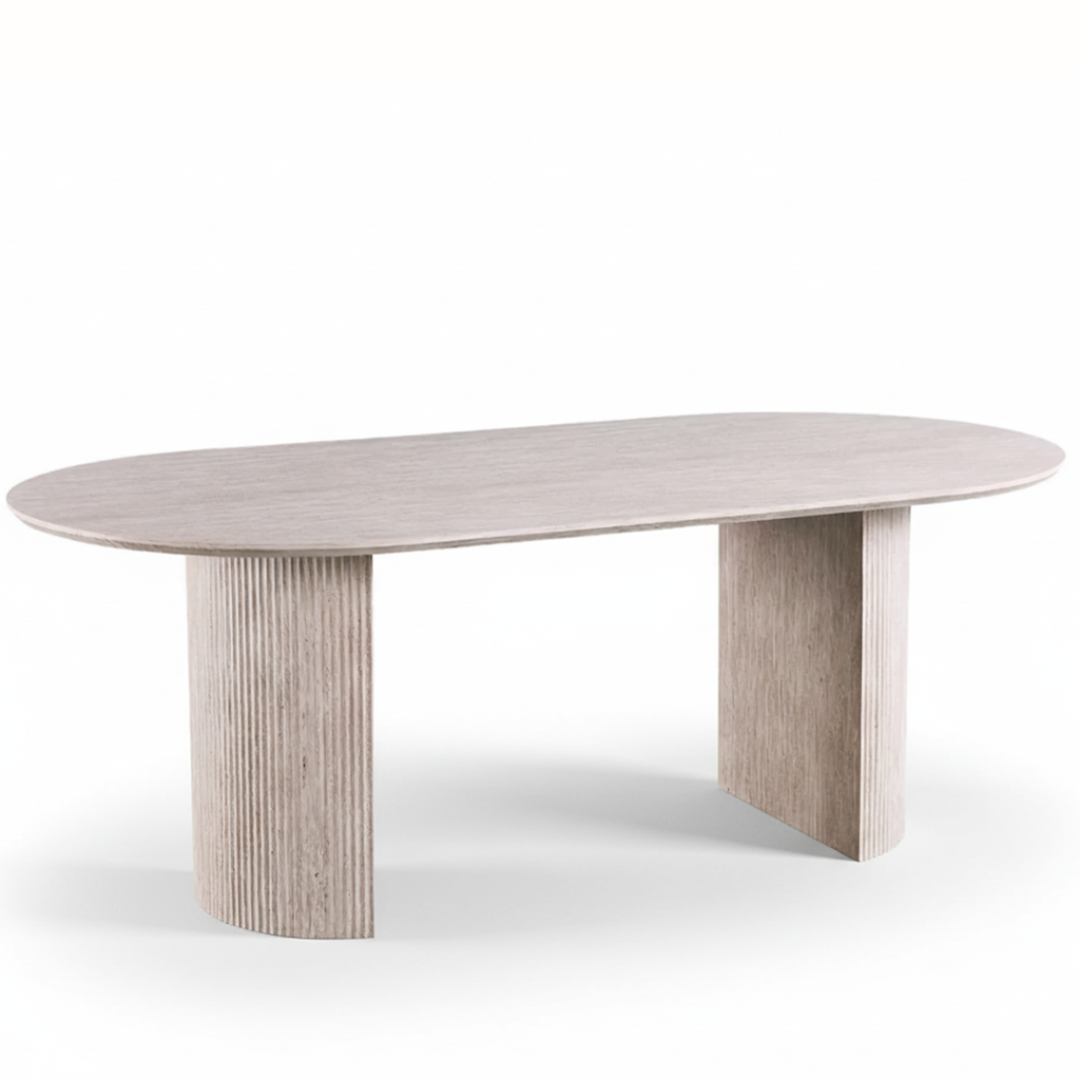 Table à Manger Ovale Effet Travertin Beige EPURE - 200 à 220 cm Hawali Home