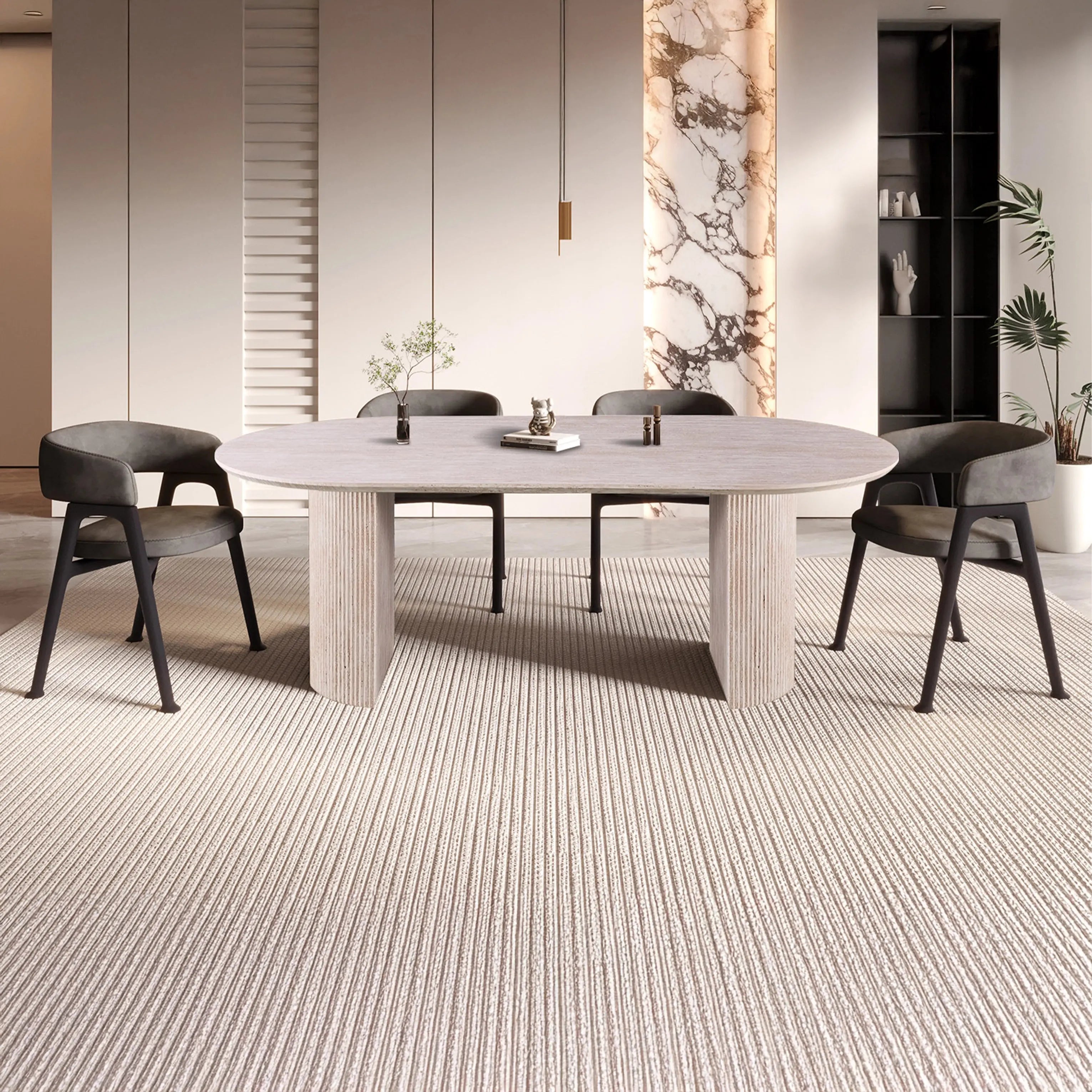 Table à Manger Ovale Effet Travertin Beige EPURE - 200 à 220 cm Hawali Home