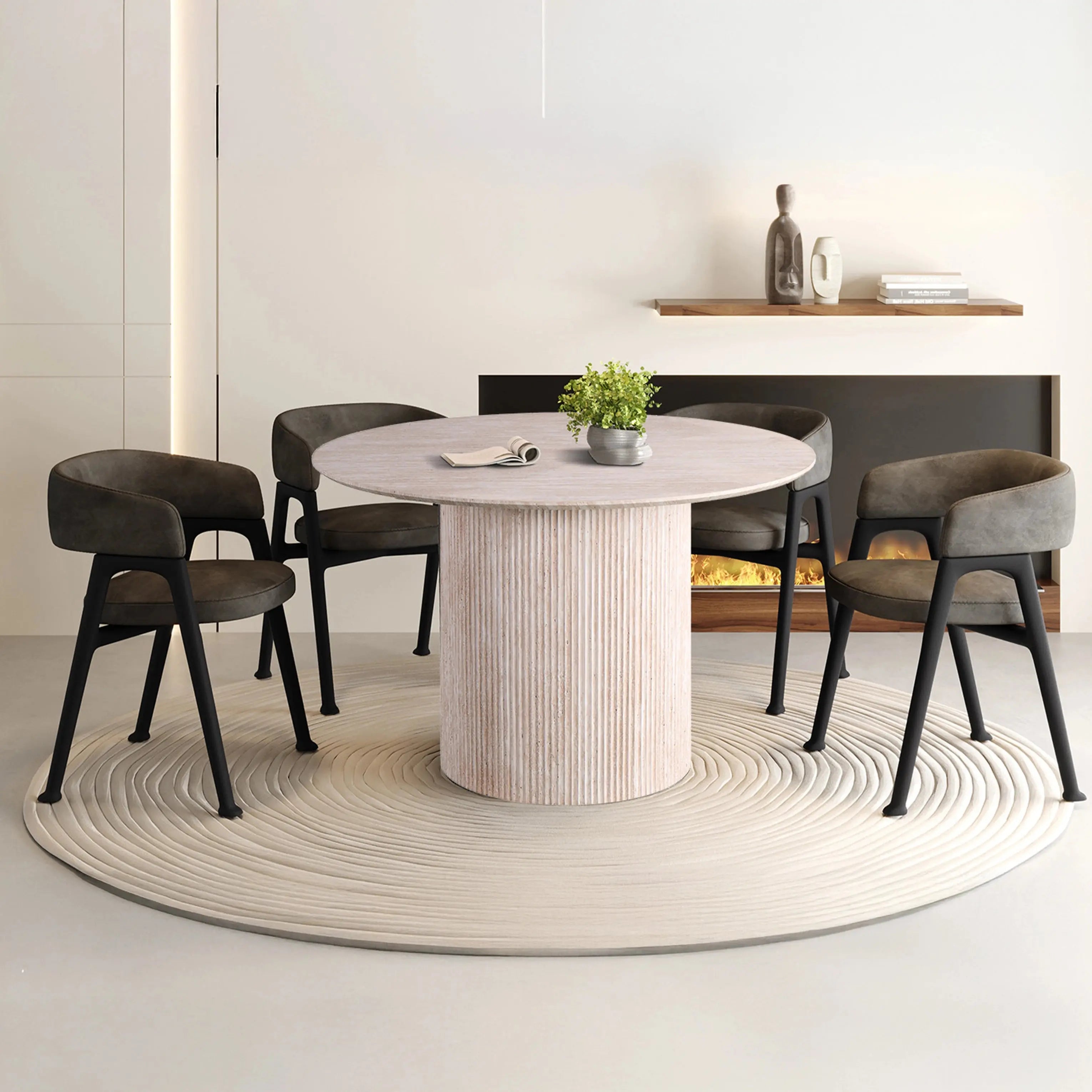 Table à Manger Ronde Effet Travertin BOHO - 120 cm Hawali Home