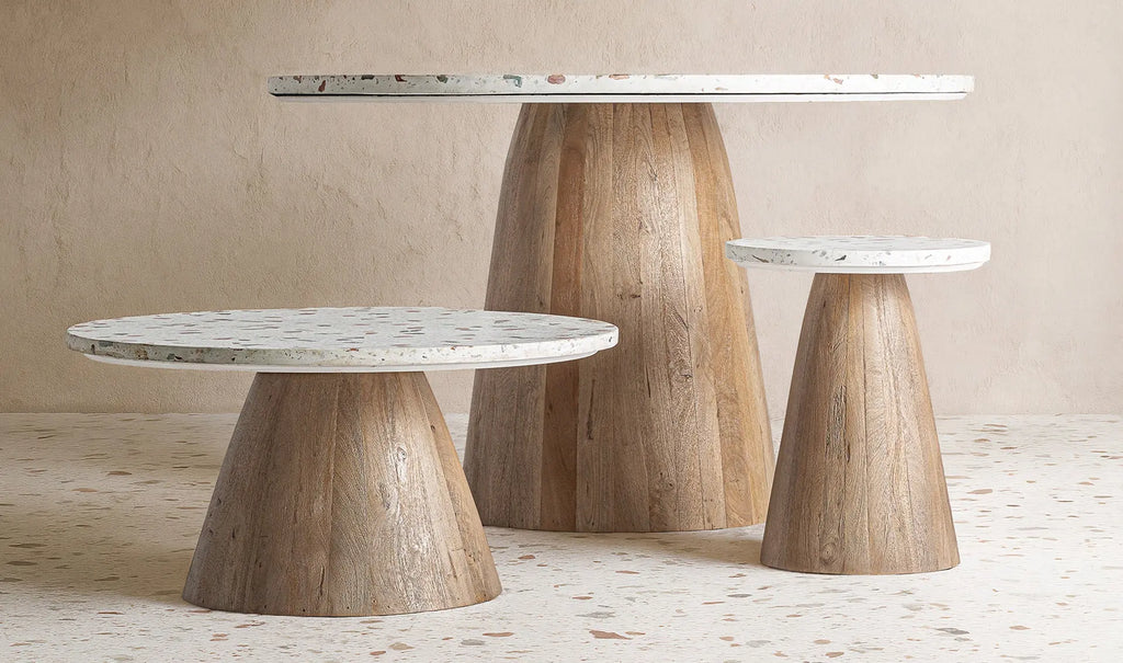 Table à Manger Ronde en Terrazo Blanc et Bois de Manguier Brun LAUTREC - 120 cm KODU