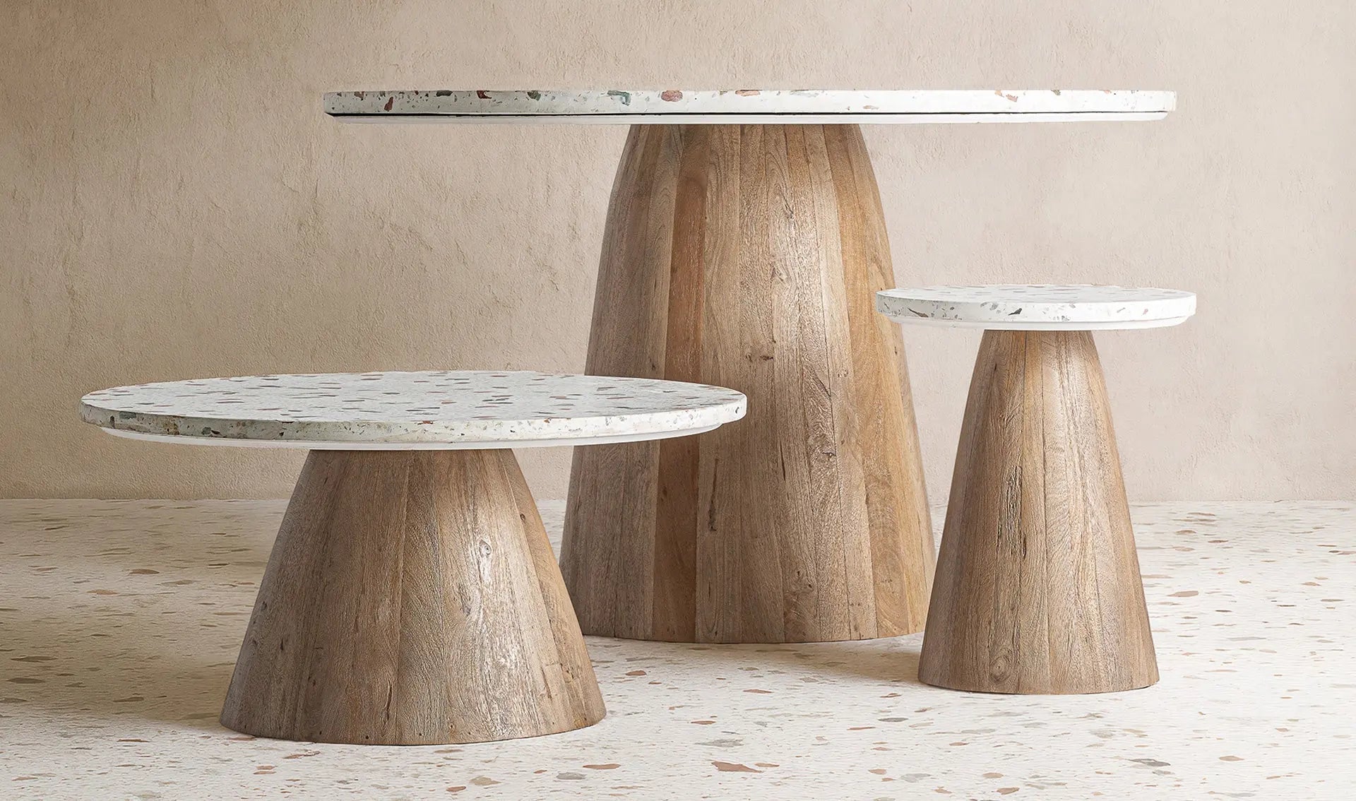 Table à Manger Ronde en Terrazo Blanc et Bois de Manguier Brun LAUTREC - 120 cm KODU