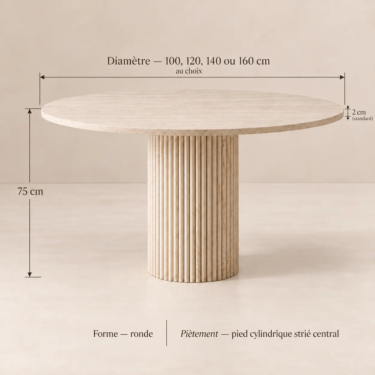 Table ronde en travertin beige MARY, de 100 à 160 cm de diamètre
