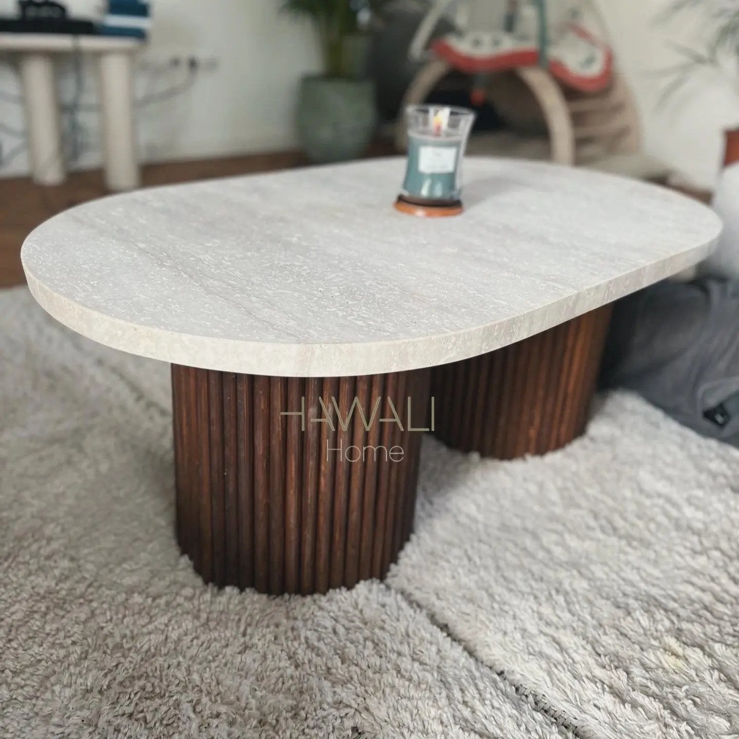 Table Basse Ovale en Bois et Travertin ELENA - De 60 à 100 cm Hawali Home