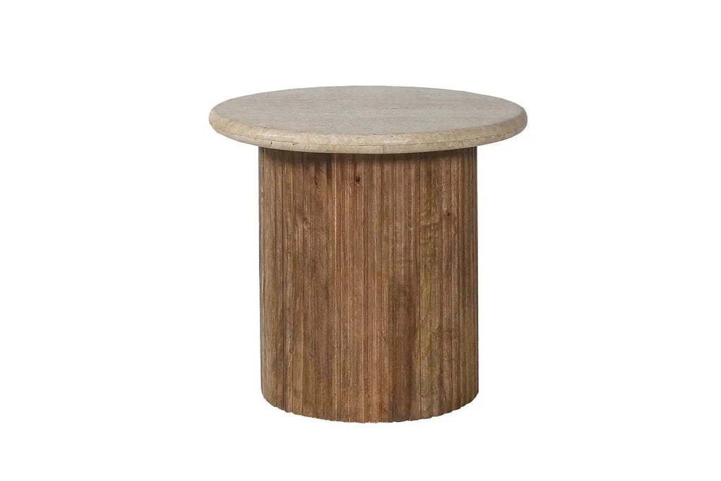 Table d'Appoint Ronde en Travertin et Bois de Manguier LYRA - 50 cm Rousseau