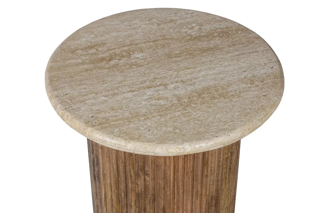 Table d'Appoint Ronde en Travertin et Bois de Manguier LYRA - 50 cm Rousseau