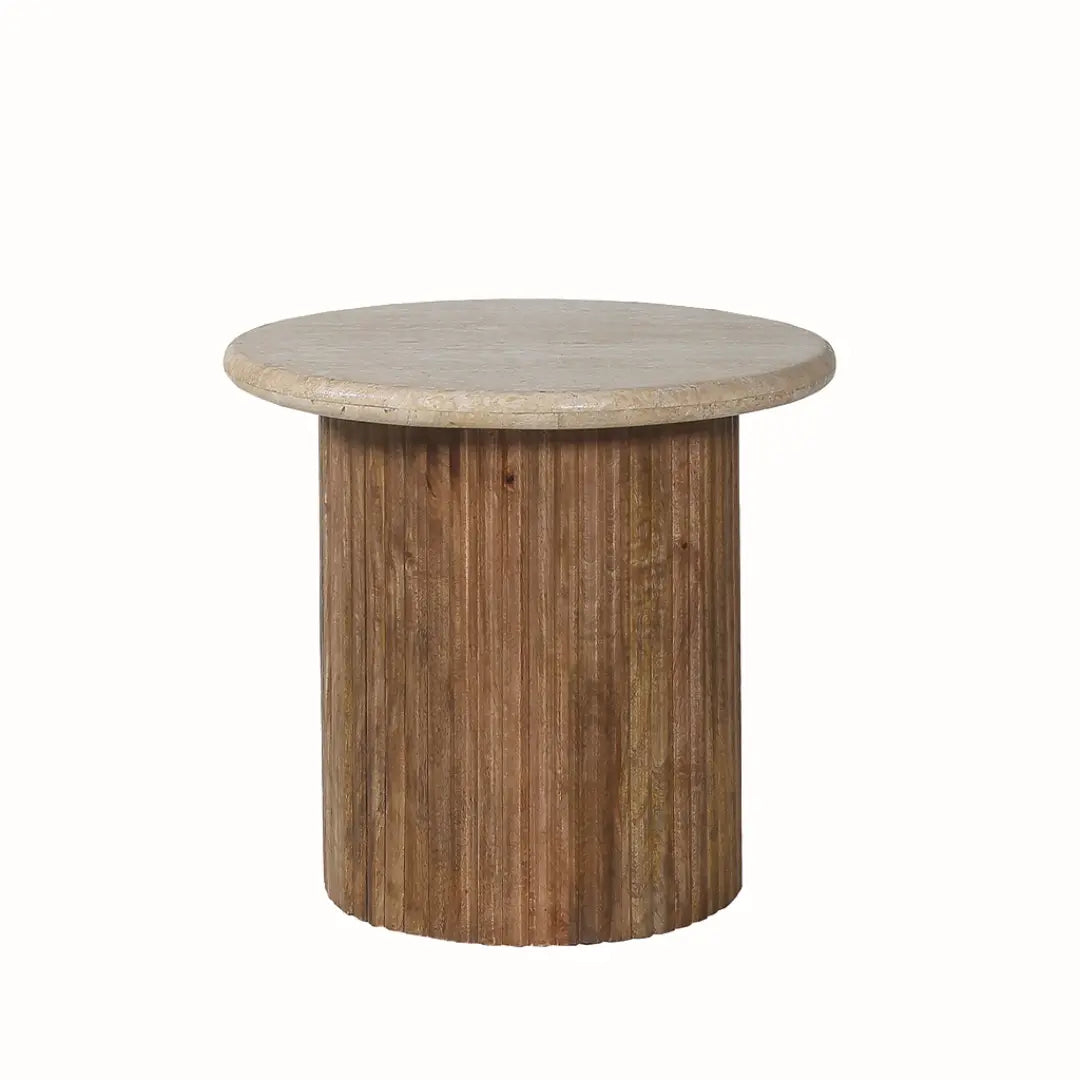 Table d'Appoint Ronde en Travertin et Bois de Manguier LYRA - 50 cm Rousseau