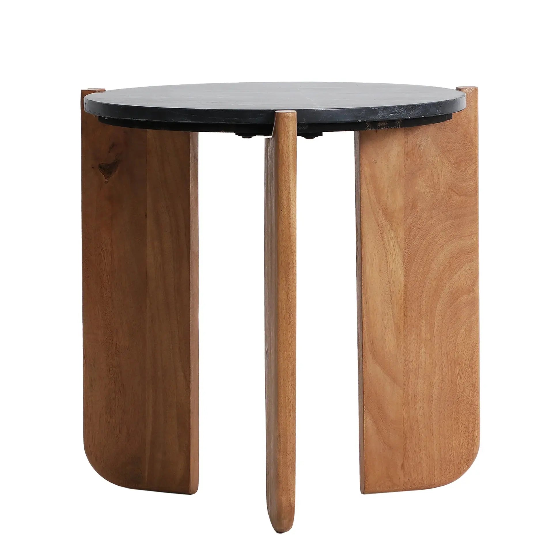 Table d'Appoint de Bout de Canapé avec Plateau en Marbre Noir Mat et Pieds en bois de manguier brun VALIGNY - 46 cm KODU