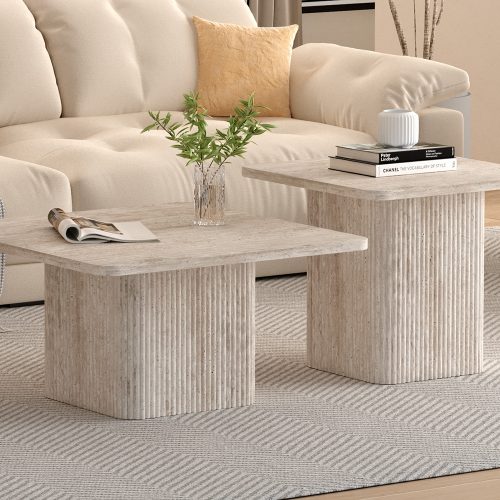 Set de 2 tables basses effet travertin beige balea 52x60 cm et 80x80cm 1