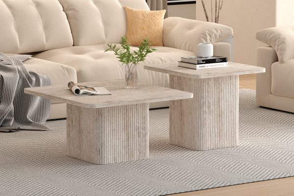 Set de 2 tables basses effet travertin beige balea 52x60 cm et 80x80cm 1