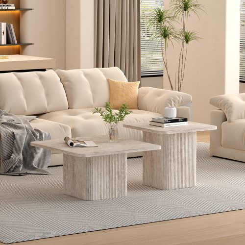 Set de 2 tables basses effet travertin beige balea 52x60 cm et 80x80cm 2
