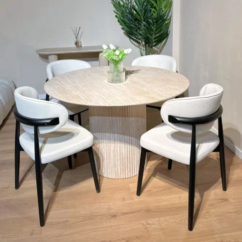 Table à manger ronde effet travertin boho 2